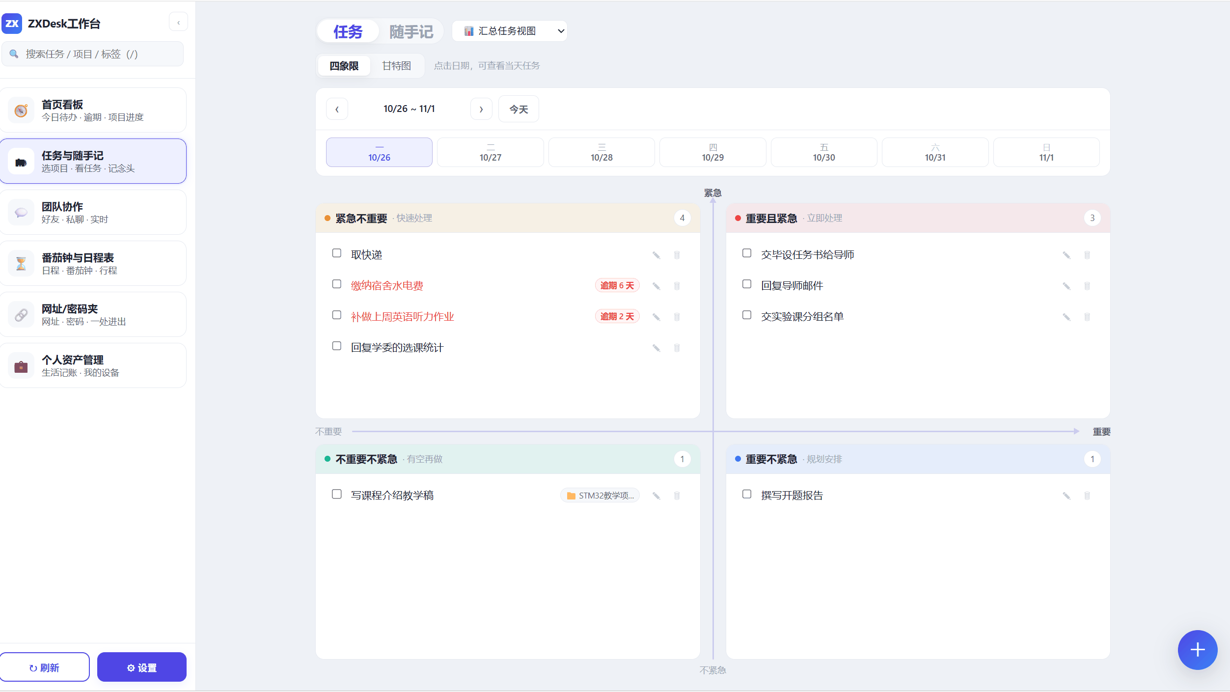 ZXDesk工作台电脑版：项目任务的四象限视图，任务按重要与紧急落在四个象限里